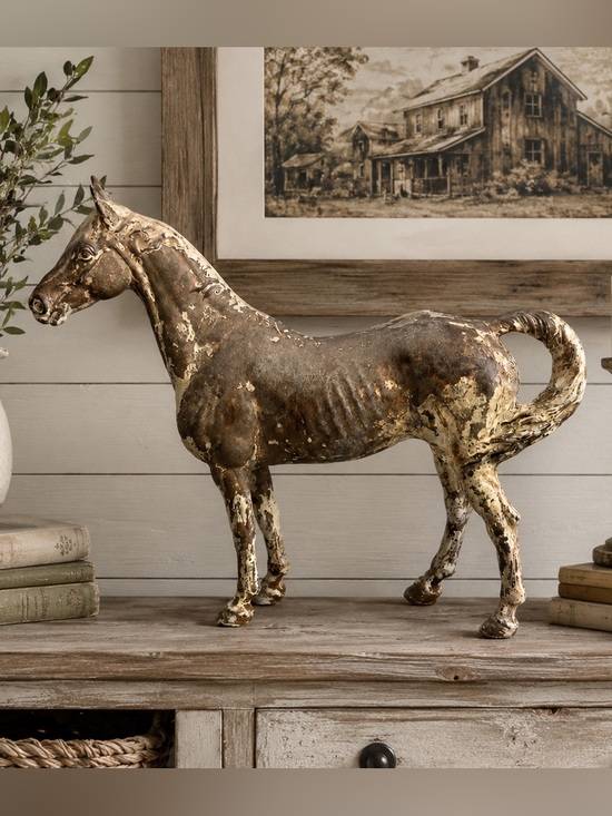 Rustic Brown & Cream Horse Hubley Cast Iron Door Stop Figurine Decorative Accent
